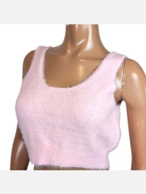 Pieces Pink Fuzzy Knit Crop Top Sleeveless Tank Faux Fur Barbie ASOS Size XL